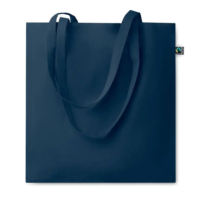 Geanta de cumparaturi fairtrade140gr/m² albastru navy din panza cu manere asortate si eticheta mica fair trade
