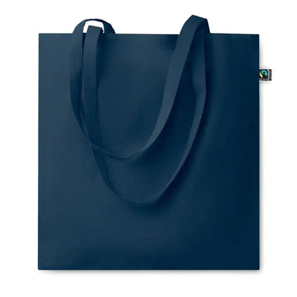 Geanta de cumparaturi fairtrade140gr/m² albastru navy din panza cu manere asortate si eticheta mica fair trade