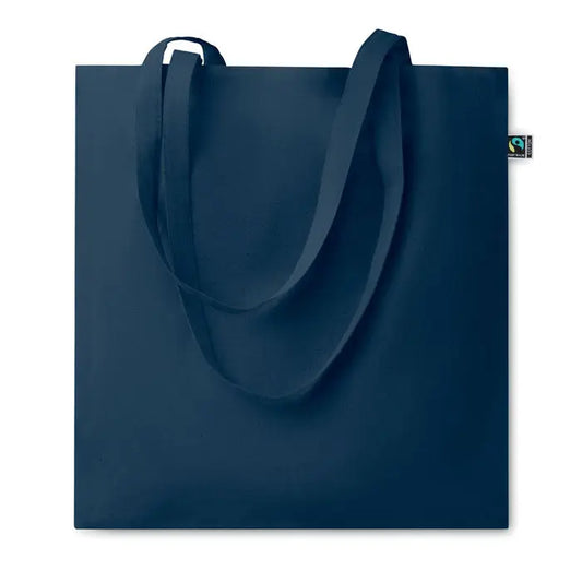Geanta de cumparaturi fairtrade140gr/m² albastru navy din panza cu manere asortate si eticheta mica fair trade