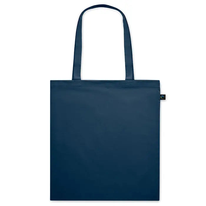 Geanta de cumparaturi fairtrade 140grm2 navy albastra din panza cu manere asortate si eticheta neagra mica