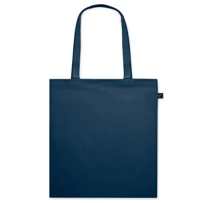 Geanta de cumparaturi fairtrade 140grm2 navy albastra din panza cu manere asortate si eticheta neagra mica