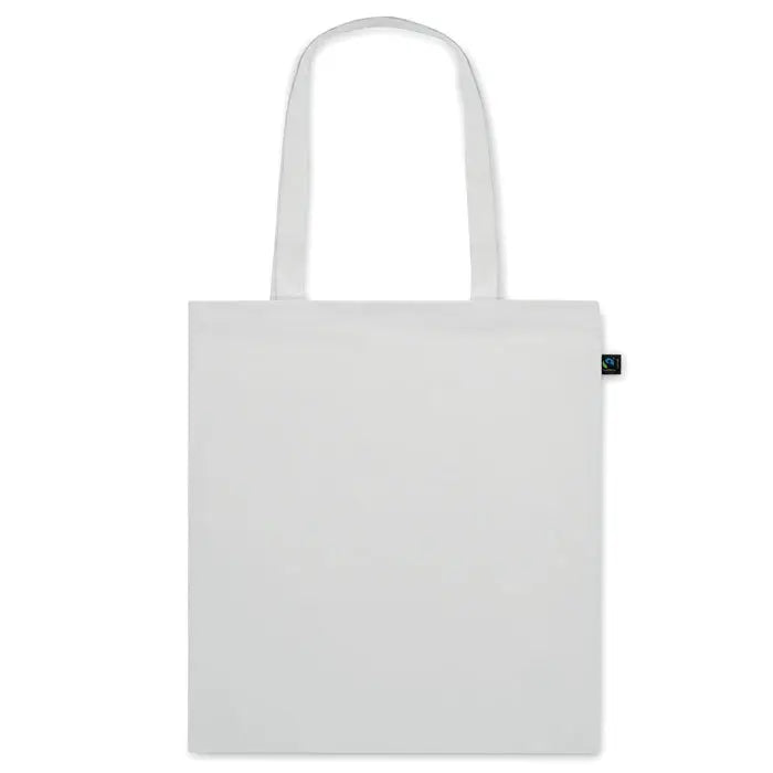 Geanta de cumparaturi fairtrade 140gr/m² din panza alba cu manere asortate si eticheta neagra mica pe lateral