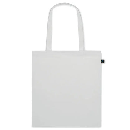 Geanta de cumparaturi fairtrade 140gr/m² din panza alba cu manere asortate si eticheta neagra mica pe lateral