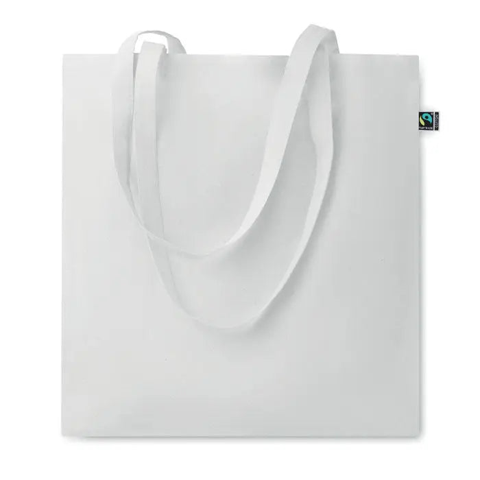 Geanta de cumparaturi fairtrade140gr/m² alba din panza cu manere asortate si eticheta mica fair trade in colt