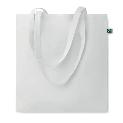 Geanta de cumparaturi fairtrade140gr/m² alba din panza cu manere asortate si eticheta mica fair trade in colt