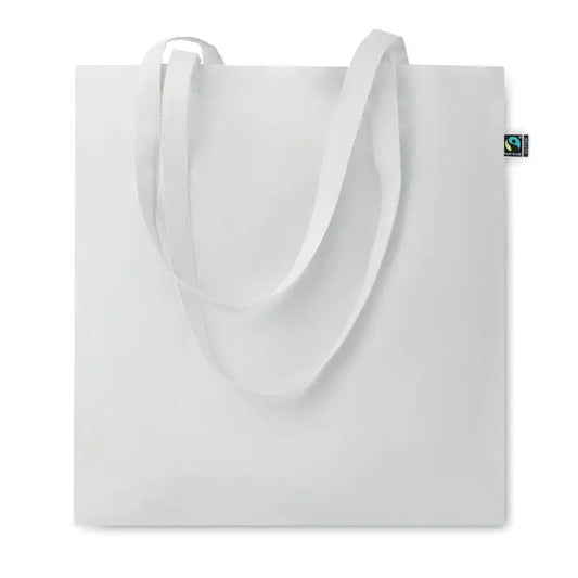 Geanta de cumparaturi fairtrade140gr/m² alba din panza cu manere asortate si eticheta mica fair trade in colt