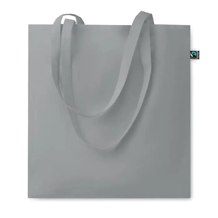 Geanta de cumparaturi fairtrade 140gr/m² gri din panza cu manere asortate si eticheta mica fair trade in colt