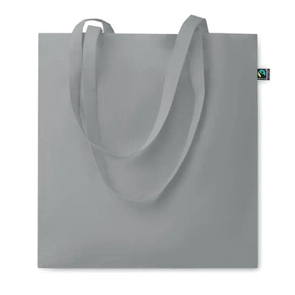 Geanta de cumparaturi fairtrade 140gr/m² gri din panza cu manere asortate si eticheta mica fair trade in colt