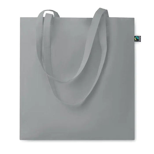 Geanta de cumparaturi fairtrade 140gr/m² gri din panza cu manere asortate si eticheta mica fair trade in colt
