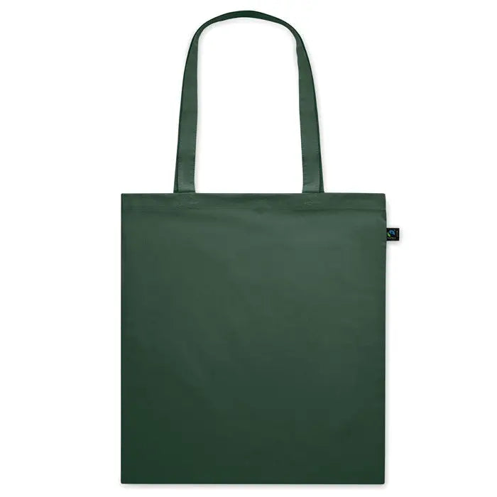 Geanta de cumparaturi fairtrade140gr/m² din panza verde inchis cu manere rezistente si eticheta neagra mica pe lateral