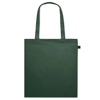 Geanta de cumparaturi fairtrade140gr/m² din panza verde inchis cu manere rezistente si eticheta neagra mica pe lateral
