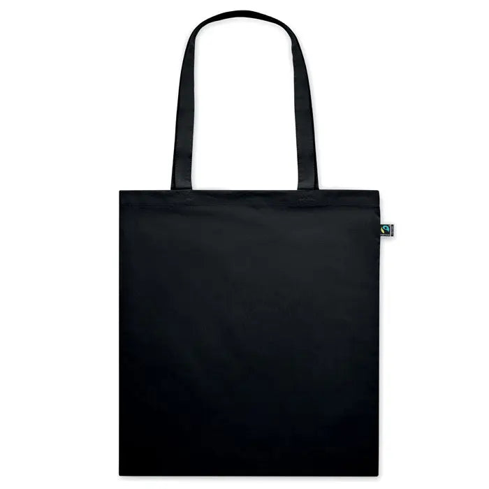 Geanta de cumparaturi fairtrade140gr/m² neagra din panza cu doua manere rezistente si eticheta verde fair trade