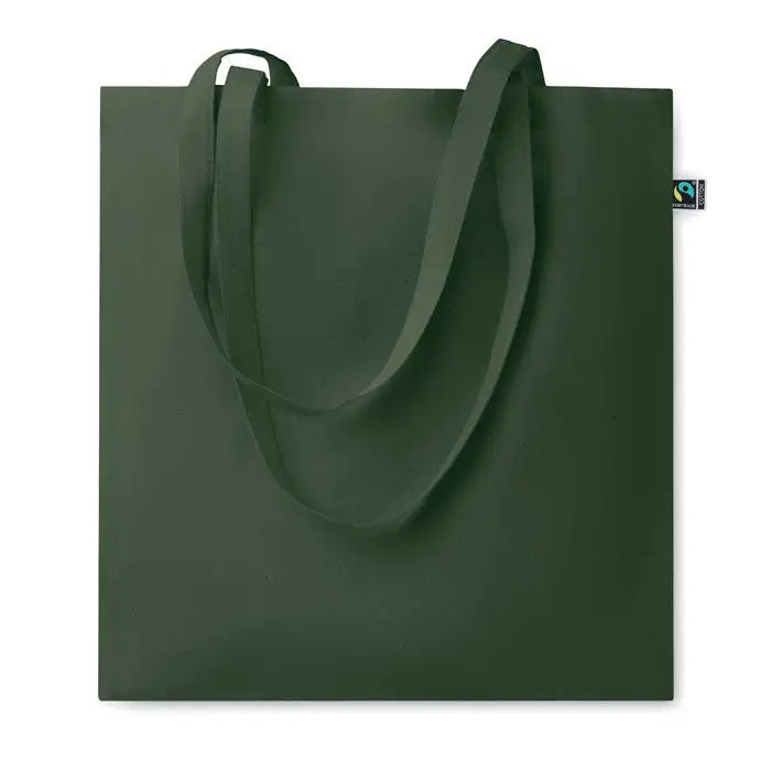 Geanta de cumparaturi fairtrade140gr/m² din panza verde inchis cu manere rezistente si eticheta mica fair trade