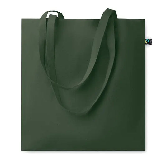 Geanta de cumparaturi fairtrade140gr/m² din panza verde inchis cu manere rezistente si eticheta mica fair trade