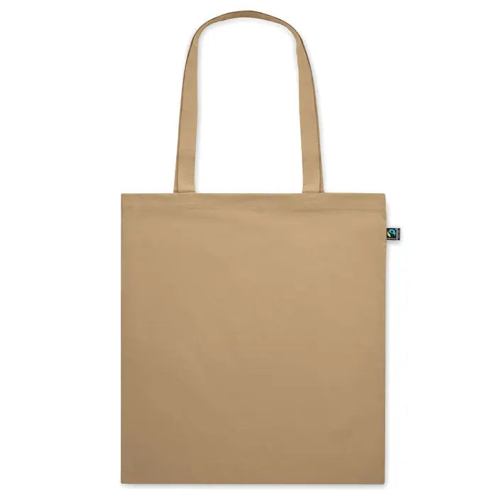 Beige geanta de cumparaturi fairtrade din panza cu manere asortate si eticheta verde de comert echitabil