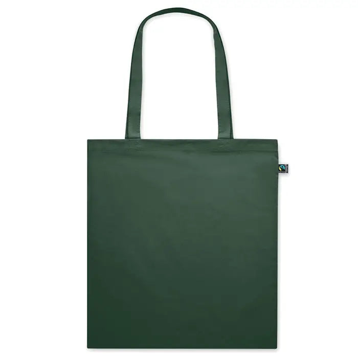 Geanta de cumparaturi fairtrade140gr/m² din panza verde inchis cu manere asortate si eticheta mica fair trade pe lateral