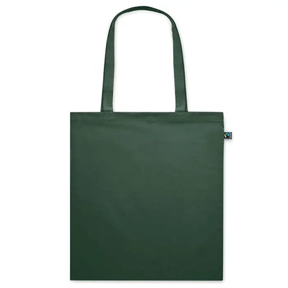Geanta de cumparaturi fairtrade140gr/m² din panza verde inchis cu manere asortate si eticheta mica fair trade pe lateral