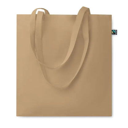 Geanta de cumparaturi fairtrade140gr/m² din panza bej cu manere asortate si eticheta mica fair trade in colt