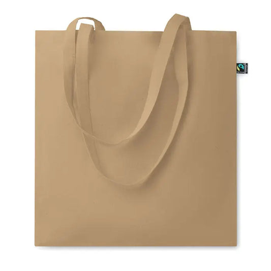 Geanta de cumparaturi fairtrade140gr/m² din panza bej cu manere asortate si eticheta mica fair trade in colt