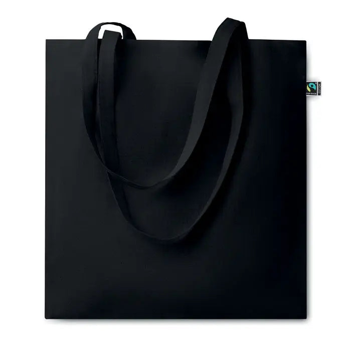 Geanta de cumparaturi fairtrade 140gr/m² neagra din panza cu manere rezistente si eticheta mica fair trade in colt