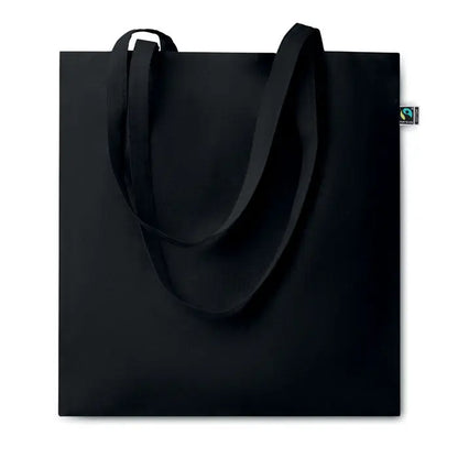 Geanta de cumparaturi fairtrade 140gr/m² neagra din panza cu manere rezistente si eticheta mica fair trade in colt