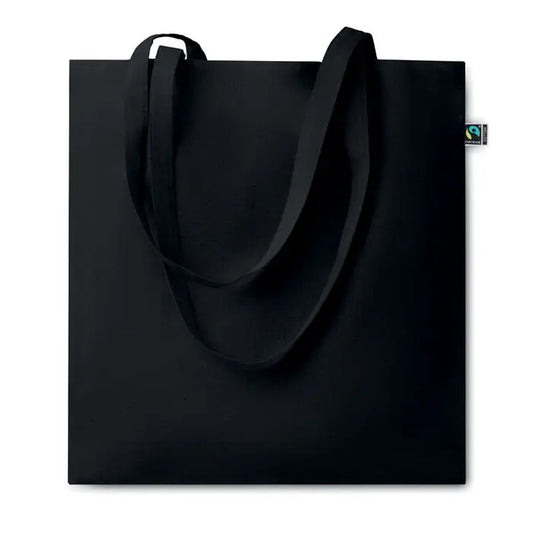 Geanta de cumparaturi fairtrade 140gr/m² neagra din panza cu manere rezistente si eticheta mica fair trade in colt