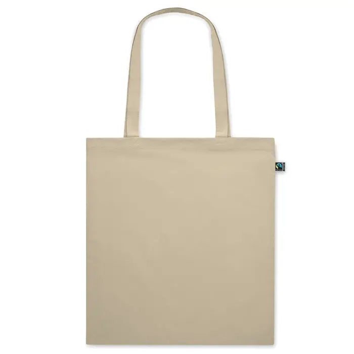 Geanta de cumparaturi fairtrade 140gr/m² bej din panza cu manere asortate si eticheta mica verde si neagra fair trade