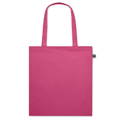Geanta de cumparaturi fairtrade140gr/m² din panza fucsia vibranta cu manere asortate si eticheta verde small fair trade