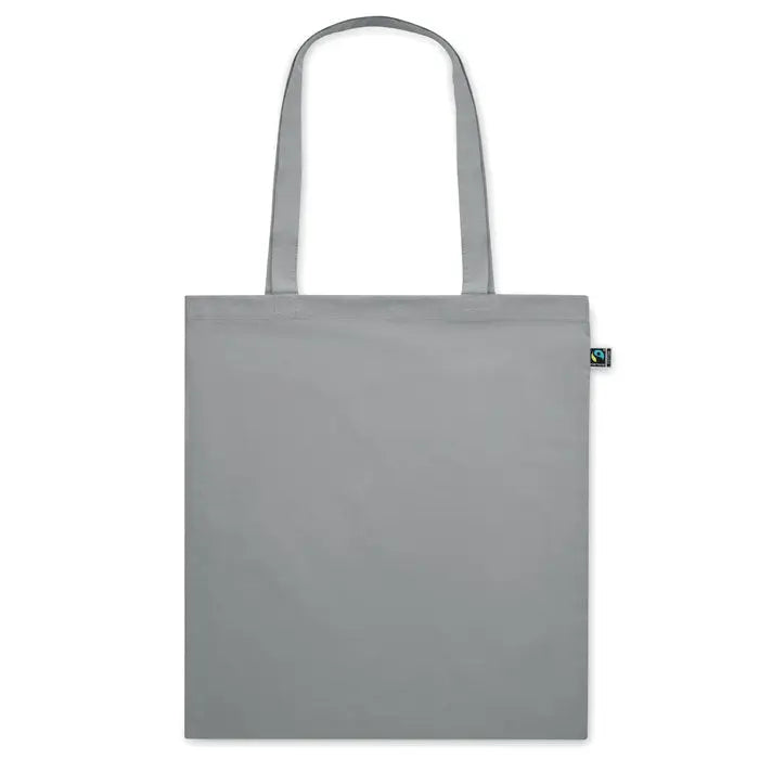 Geanta de cumparaturi Fairtrade140gr/m² gri minimalista din panza cu manere asortate si eticheta mica fair trade