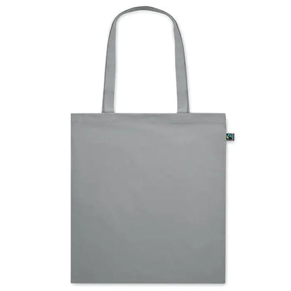 Geanta de cumparaturi Fairtrade140gr/m² gri minimalista din panza cu manere asortate si eticheta mica fair trade