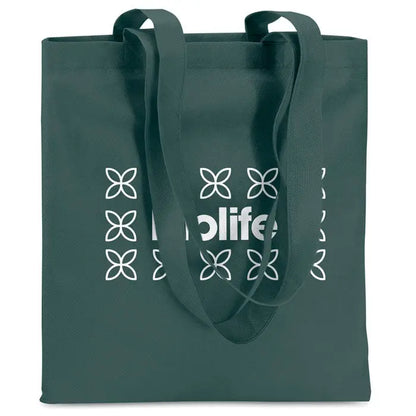 Geanta de cumparaturi netesuta de 80 gr/m² din panza verde inchis cu fluture alb si logo olife pe fata