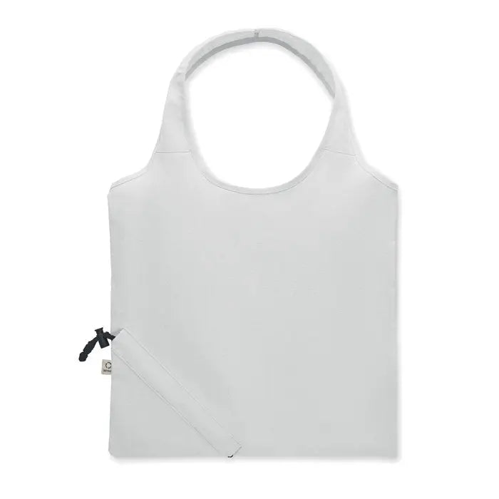Geanta de cumparaturi pliabila alba cu fermoar negru si design minimalist 140 gr/m²