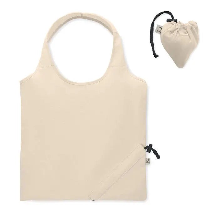 Geanta de cumparaturi pliabila beige cu manere negre si saculet compact din material 140 gr/m²