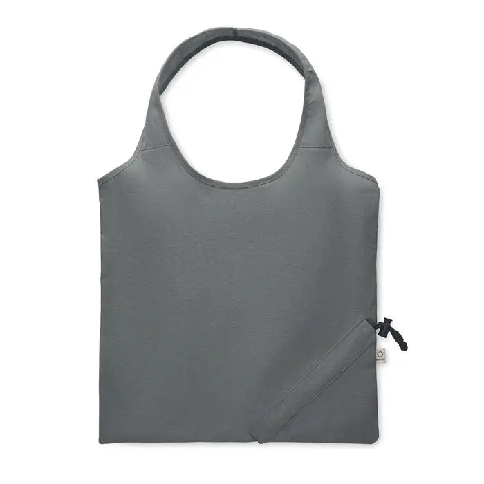 Geanta de cumparaturi pliabila gri cu design minimalist si inchidere cu snur negru din material 140 gr/m²