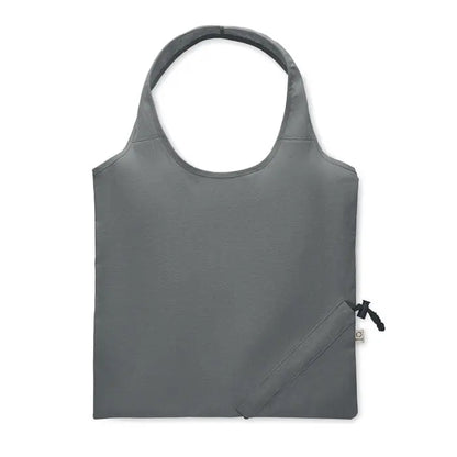 Geanta de cumparaturi pliabila gri cu design minimalist si inchidere cu snur negru din material 140 gr/m²