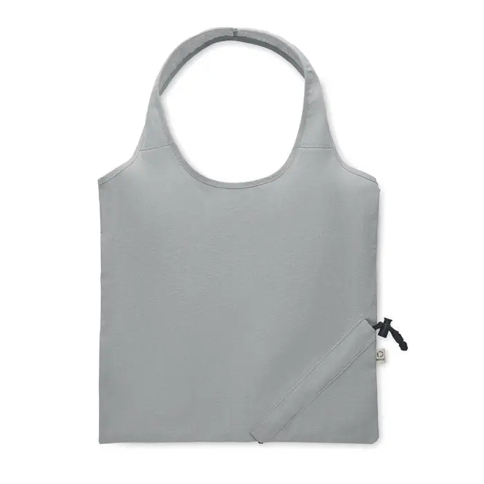 Geanta de cumparaturi pliabila gri cu inchidere neagra tip snur si design minimalist din material 140 gr/m²