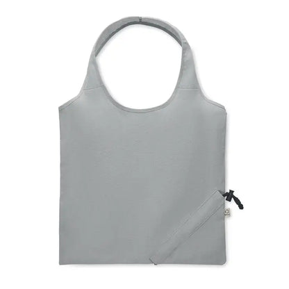 Geanta de cumparaturi pliabila gri cu inchidere neagra tip snur si design minimalist din material 140 gr/m²