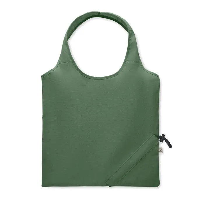Geanta de cumparaturi pliabila olive green cu design minimalist si inchidere cu snur negru din 140 gr/m²