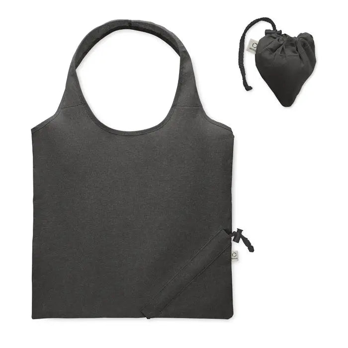 Geanta de cumparaturi pliabila neagra 140 gr/m² cu inchidere tip snur si portfard compact in forma de inima