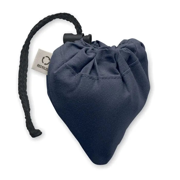 Geanta de cumparaturi pliabila 140 gr m² inima navy albastru din material textil reciclat cu inchidere tip snur negru