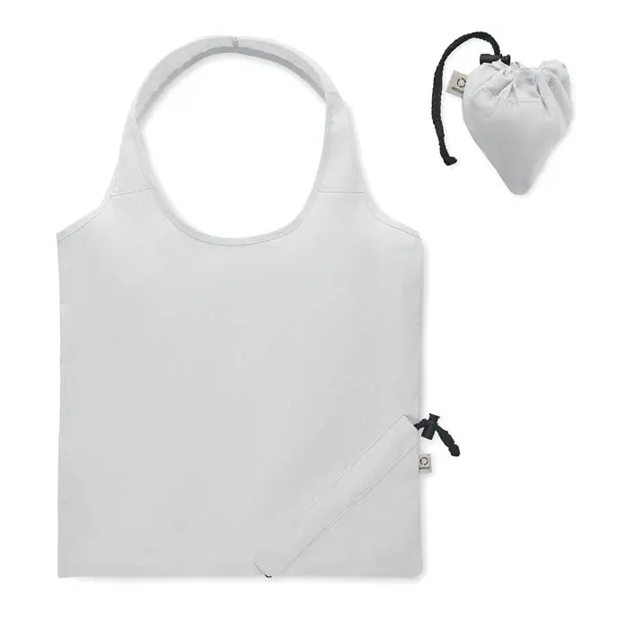 Geanta de cumparaturi pliabila alba cu saculet drawstring din tesatura usoara de 140 gr/m²