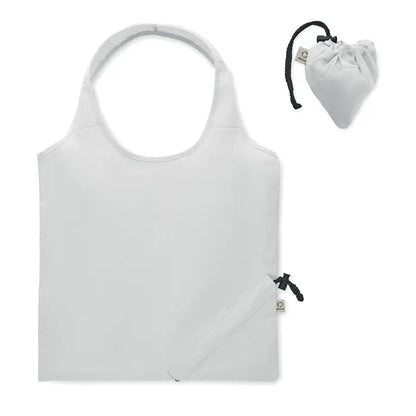 Geanta de cumparaturi pliabila alba cu saculet drawstring din tesatura usoara de 140 gr/m²