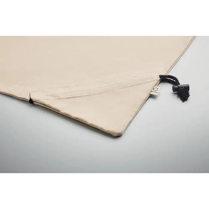 Geanta de cumparaturi pliabila beige din panza 140 gr/m² cu snur negru si ciucure