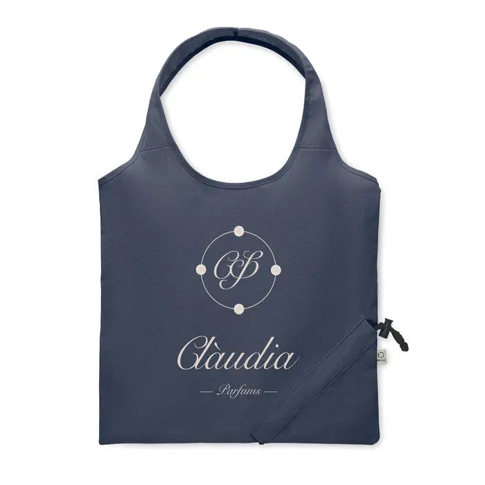 Geanta de cumparaturi pliabila navy blue din material de 140 gr m² cu monograma alba si logo claudia parfums brodat