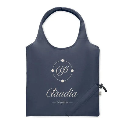 Geanta de cumparaturi pliabila navy blue din material de 140 gr m² cu monograma alba si logo claudia parfums brodat
