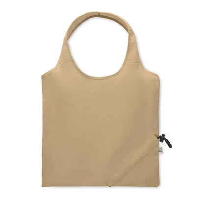 Geanta de cumparaturi pliabila beige 140 gr/m² cu inchidere cu snur negru pe buzunar lateral