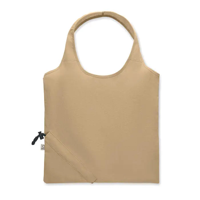 Geanta de cumparaturi pliabila beige cu maner rotund si buzunar mic cu fermoar 140 gr/m²