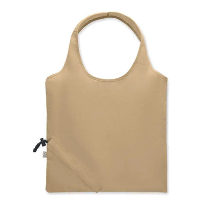 Geanta de cumparaturi pliabila beige cu maner rotund si buzunar mic cu fermoar 140 gr/m²