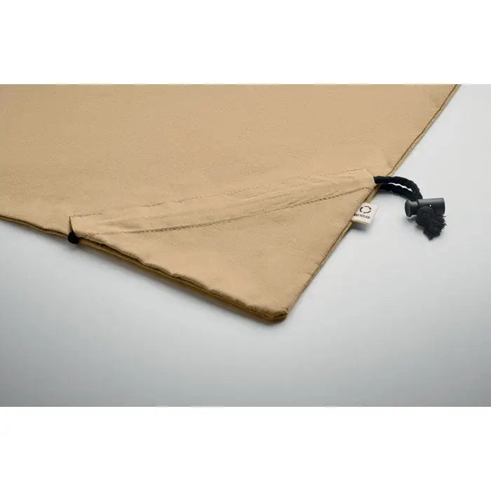 Geanta de cumparaturi pliabila din panza bej cu snur si ciucure negru 140 gr/m²