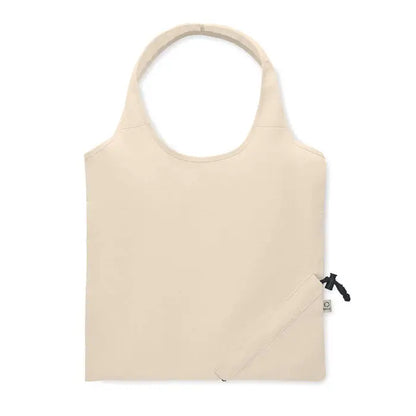 Geanta de cumparaturi pliabila beige cu design minimalist si fermoar negru din material 140 gr/m²